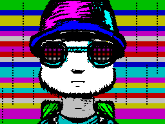 Un style très affirmé pour cette image et cet effet qui camouflent habilement les contraintes de blocs du ZX Spectrum. TbMA par SibCrew (ZX Spectrum, 2017) https://demozoo.org/productions/167045/